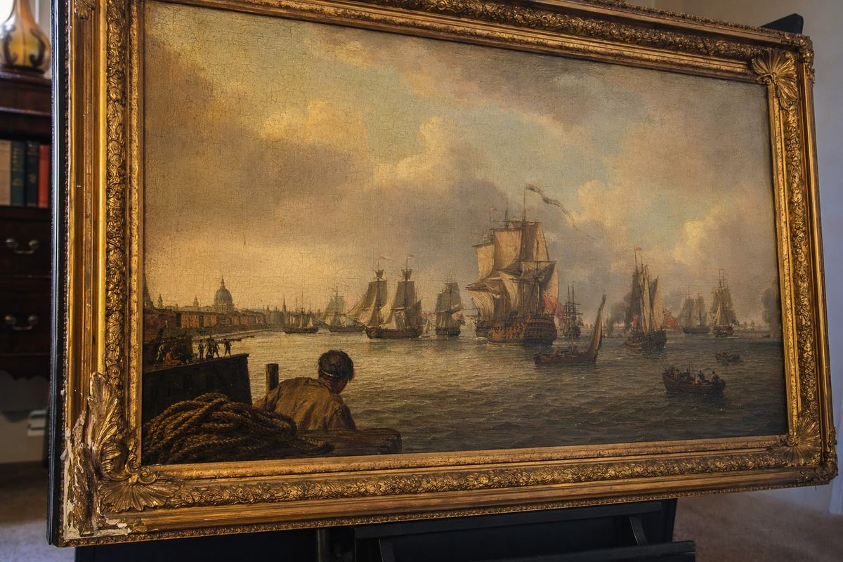 Archival reproduction photograph of an English marine oil painting circa 1735 showing a convoy of Indiamen and escorts beating out of the Thames under low cloud; English marine school, oblique shoreline vantage with a coil of rope and a dock worker’s shoulder in the near foreground; visible brushwork, tar-dark rigging, muted earth pigments, ambered varnish, and fine craquelure; the gilded frame’s lower-left corner scuffed; photographed in a study room with soft window light; no labels; shot on Kodachrome 64 with warm saturation and fine grain; 35mm lens, slight keystoning from off-axis position.