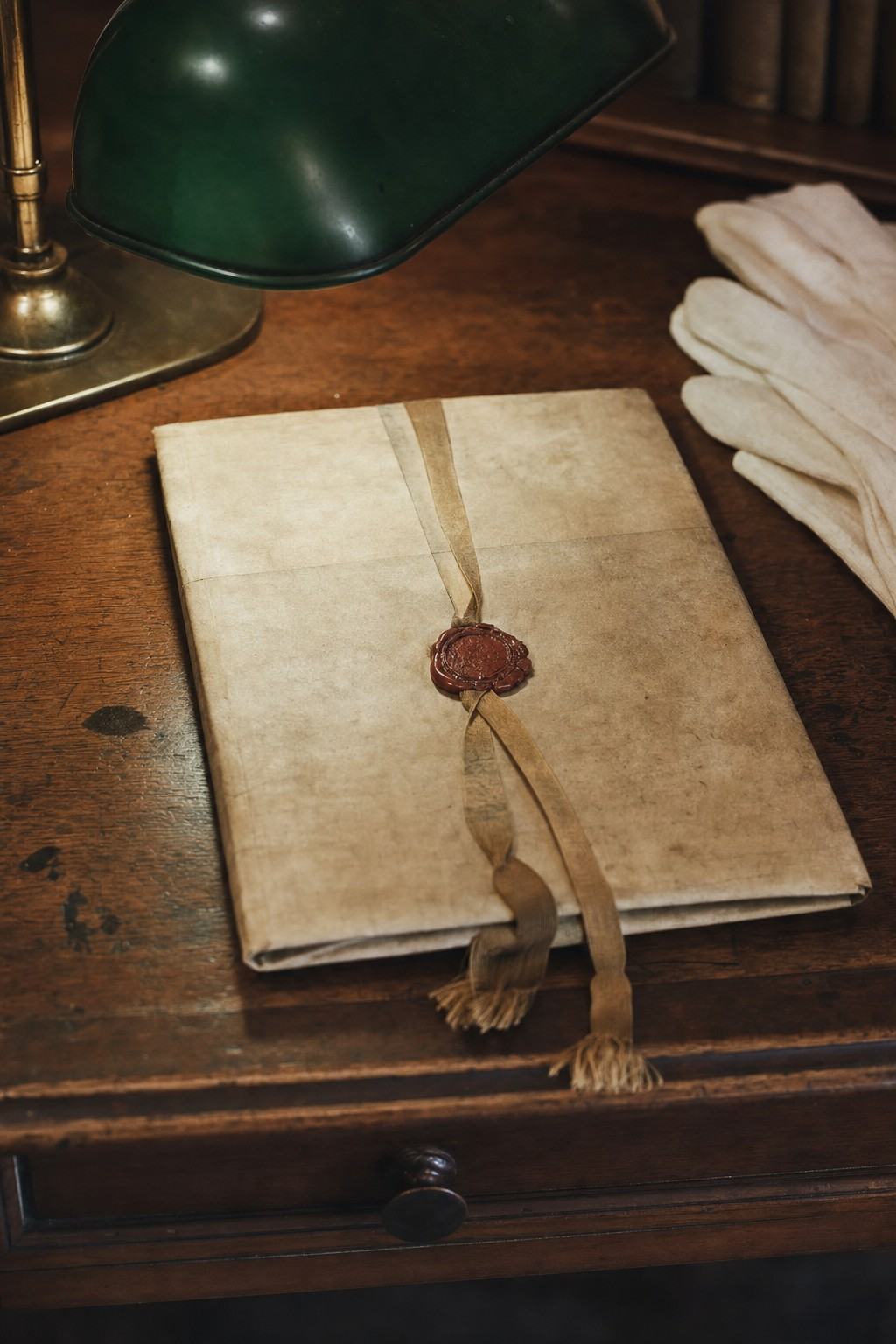1972 archival object study of a sealed late-18th-century charter document closed and folded so that only wax seal and silk ribbons are visible, no handwriting shown. The parchment rests on a worn, varnished wooden desk with shallow scratches and ink stains; soft pool of light from a green-shaded desk lamp. A pair of cotton gloves sits to one side. Shot on 35mm Kodachrome with an 85mm lens; warm color cast, shallow depth of field, slight specular glare on the wax, film grain visible, no labels or printed text in frame.