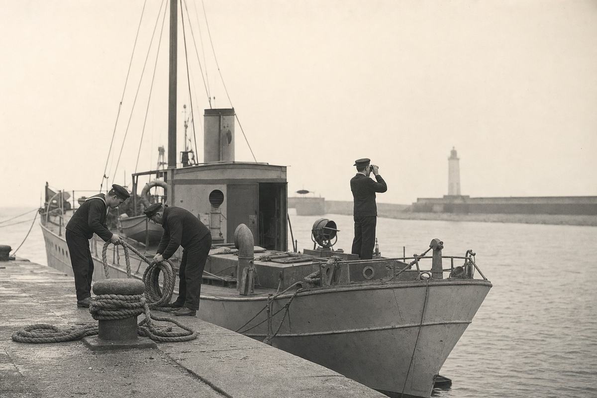 Early 1920s silver gelatin print of a Loire estuary patrol vessel of the local squadron moored at a quay: two sailors coil a thick hemp line while a petty officer with binoculars looks toward the channel. Low horizon with a blurred lighthouse and breakwater in the distance. Shot from the pier with a 135mm lens; fine grain, moderate contrast, slight haze over water, rope fenders stacked on bollards, no ship name or lettering visible.