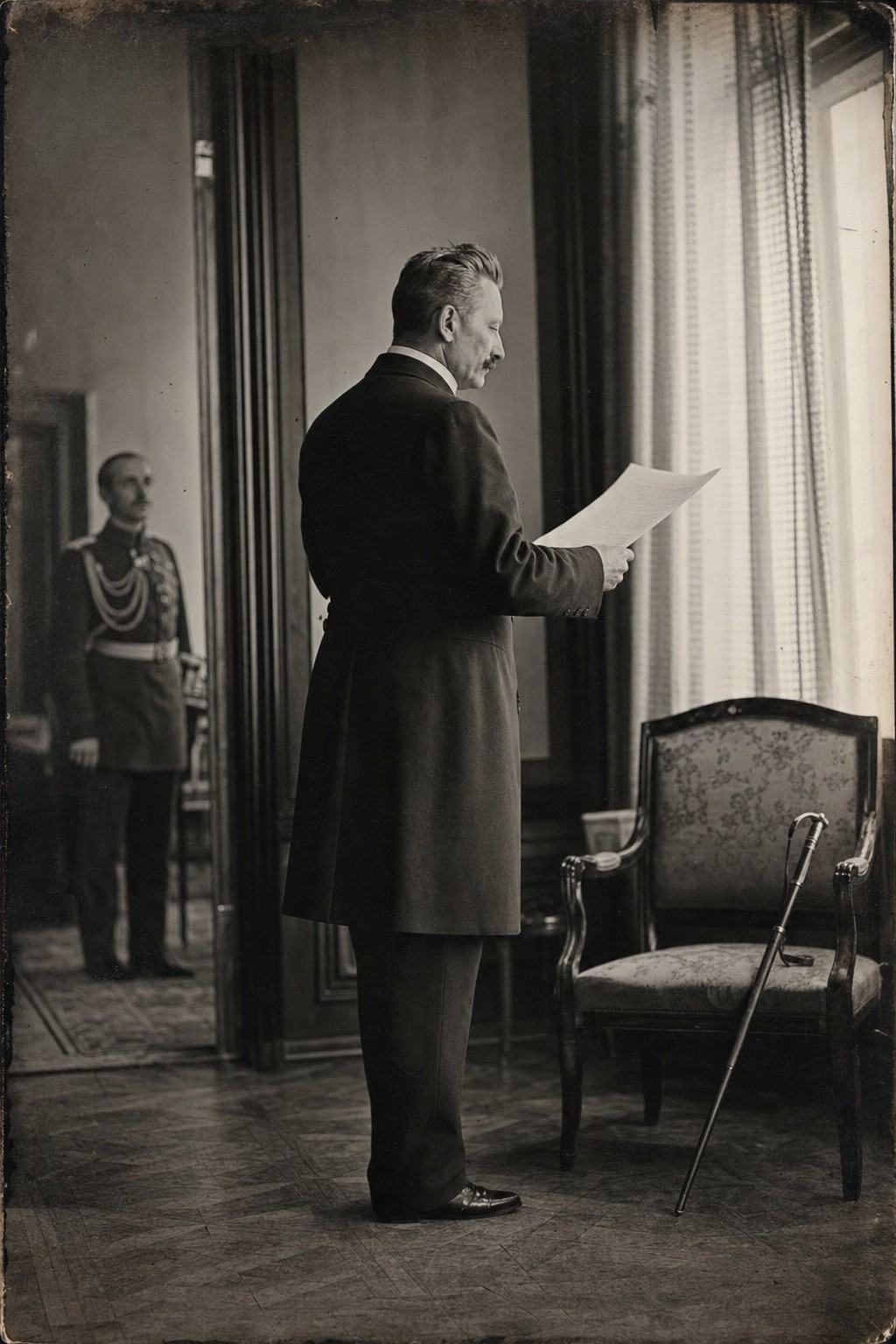 Archival portrait photograph, gelatin silver print from dry plate negative (1888), three-quarter view of Wilhelm II in a civilian frock coat reading a proclamation inside a Berlin palace antechamber; he stands near a tall window with net curtains, a uniformed aide blurred in the doorway; papers folded in his left hand facing away from camera, no legible text; scuffed parquet floor, a tipped walking cane against a chair, dust motes in sidelight; captured with a wooden studio camera, 180mm lens, long exposure giving a slight sway at the fingertips; wide tonal range with gentle halation; asymmetric framing with empty wall at left; period grain and slight edge frilling typical of contact prints.