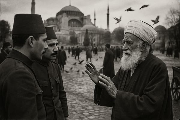 Archival black-and-white photograph, silver gelatin print made in the 1970s from an original 1909 glass plate negative; candid asymmetric composition from waist height with a 180mm lens on a wooden field camera; Ottoman soldiers in fez at left foreground converse with an elderly ulema in a white turban at right, hands raised in a calming gesture; Hagia Sophia recedes in the background under overcast sky; muddy cobblestones with puddles, scattered pigeons lifting off, a handcart half out of frame; natural soft daylight, slight motion blur in robes, moderate grain, edge wear, faint emulsion scratches, and vignetting from contact printing; environment shows crowd depth but one clear interaction as the dominant subject; no text, no signage, no legible markings anywhere.