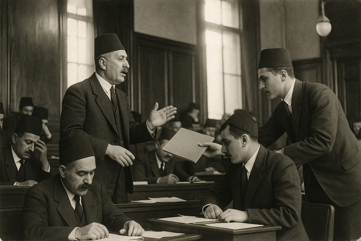 Interior press photograph, early 1930s silver gelatin print from a 35mm Leica II with Agfa Isopan film; shot from the press gallery with a 50mm lens, oblique angle across the Ottoman Chamber; a middle-aged deputy stands mid-sentence, hand open, while a younger clerk leans in to pass a blank-faced folder; other delegates in fezzes look down, one rubbing his brow; tall windows flare slightly, wood paneling, a hanging lamp causing uneven exposure at frame edge; moderate grain, slight motion blur on the speaker’s hand, scuffed print borders; benches strewn with plain papers turned upside down so no lettering shows; no placards, no visible signage or text anywhere.