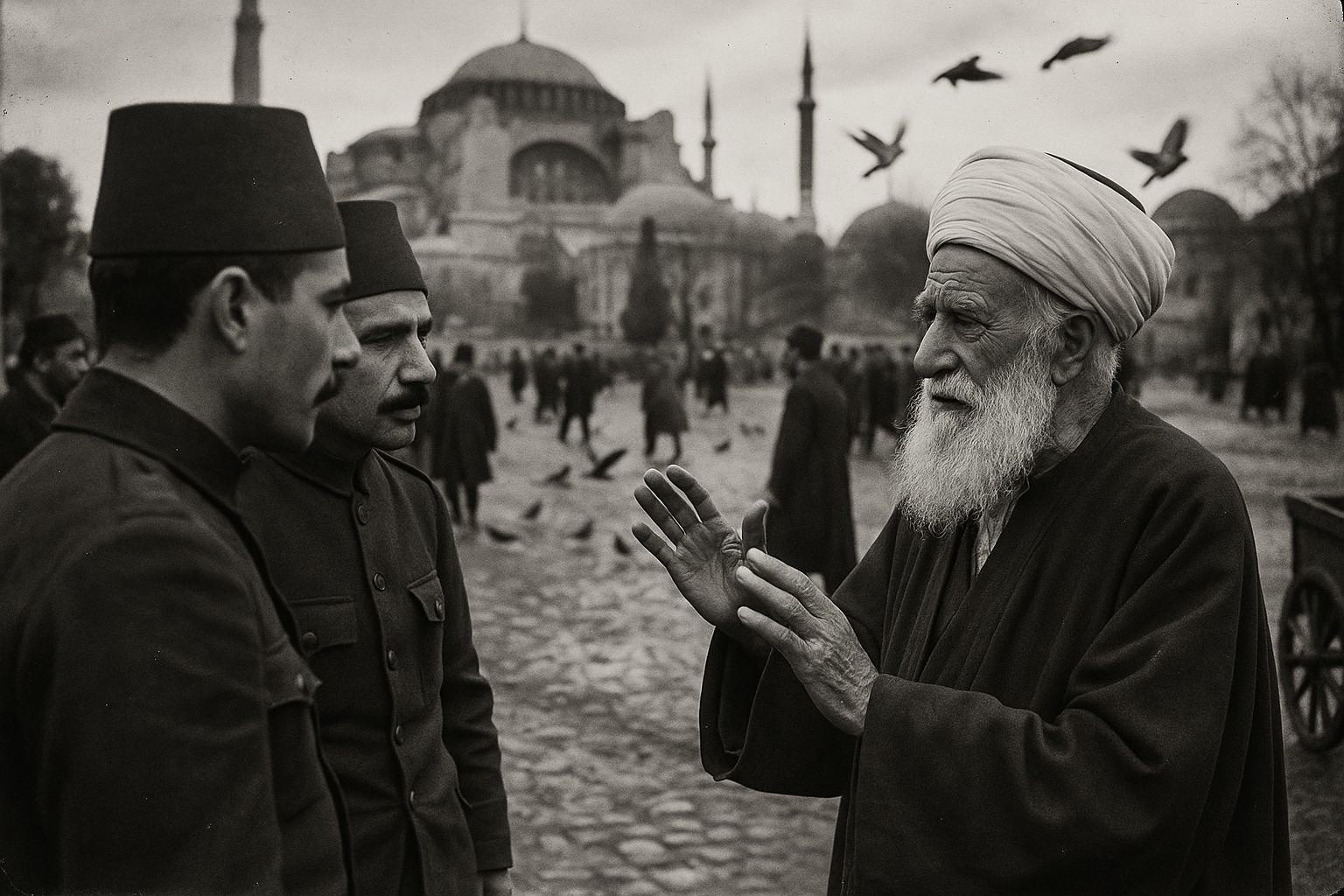 Archival black-and-white photograph, silver gelatin print made in the 1970s from an original 1909 glass plate negative; candid asymmetric composition from waist height with a 180mm lens on a wooden field camera; Ottoman soldiers in fez at left foreground converse with an elderly ulema in a white turban at right, hands raised in a calming gesture; Hagia Sophia recedes in the background under overcast sky; muddy cobblestones with puddles, scattered pigeons lifting off, a handcart half out of frame; natural soft daylight, slight motion blur in robes, moderate grain, edge wear, faint emulsion scratches, and vignetting from contact printing; environment shows crowd depth but one clear interaction as the dominant subject; no text, no signage, no legible markings anywhere.