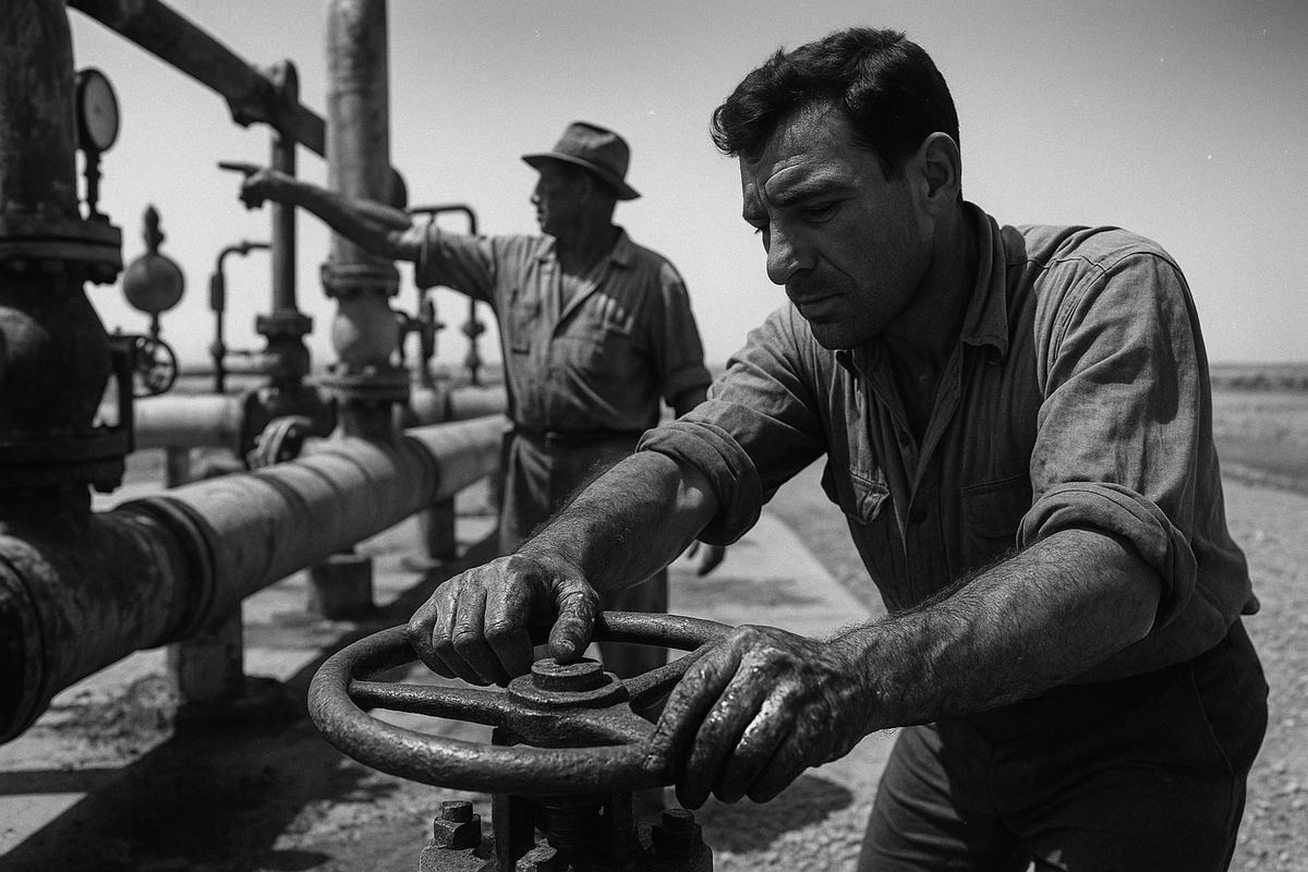 Industrial field photograph, 1958 silver gelatin print from a Rolleiflex 2.8E on Ilford HP3; low, off-axis view of a pipeline pumping station near Kirkuk: a mechanic with oil-stained hands braces a large valve wheel while a second worker points toward a heat-shimmering horizon; dusty concrete pad, pipes with flaking paint, traces of leaked crude on gravel; harsh midday sun with deep shadows, medium contrast, fine-to-medium grain; rim light on faces, slight lens flare; gauge faces cropped out and no labels or numerals visible anywhere; dominant subject is the mechanic’s turning gesture on the valve.