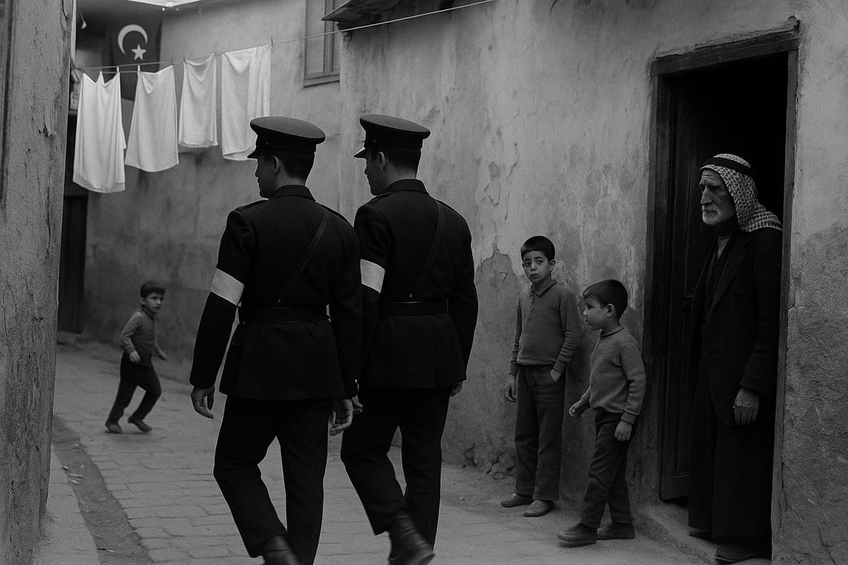 Street photo, mid-1960s black-and-white press image on Kodak Tri-X 400, Nikon F with 50mm lens; candid diagonal framing in a residential lane of Damascus: two Ottoman Federal Gendarmes in dark uniforms and plain armbands walk past hanging laundry while an older man in a keffiyeh watches from a doorway; children pause mid-play near a cracked stucco wall; late afternoon hazy light, moderate grain, slight backfocus blur on distant figures; no shopfronts, no signage, no visible lettering; a single imperial flag with crescent and star hangs from a balcony without any text; dominant action is the patrol’s slow pass through the lane.