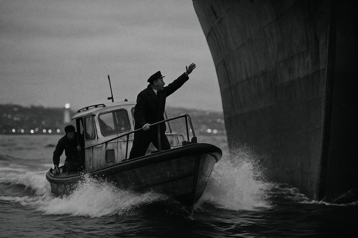 Maritime press photograph, early 1960s black-and-white on Kodak Tri-X 400 pushed to 800; 85mm lens from a low pier on the Bosphorus at dusk under overcast sky; a sturdy pilot boat heels slightly as it cuts across the bow of a large freighter, spray catching the light; a pilot in cap leans out, arm raised, while a crewman grips the rail; blurred shoreline lights and a lighthouse glow in the distance; pronounced grain, motion blur in the spray, mild halation around lights; hulls angled so that no ship names or markings are visible; no signage or lettering; dominant action is the pilot’s guiding gesture.