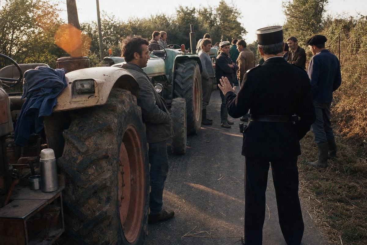 Color photograph from the mid-1970s on a rural French departmental road: a column of tractors idling diagonally across the lane, muddy tires and dented fenders, with farmers of varied ages standing in small knots talking. A gendarme in kepi is seen from behind, one hand raised in a calming gesture; thermos and folded jacket rest on a tractor step; hedgerows and a sagging wire fence line the verge, littered with straw. Late-afternoon light with long shadows. Shot on Kodachrome 64 with a 28mm lens (Canon F-1), warm color cast, fine grain, slight edge vignetting, a hint of lens flare. Asymmetric, candid composition. No banners, and no visible text, signage, logos, license plates, or lettering anywhere in frame.