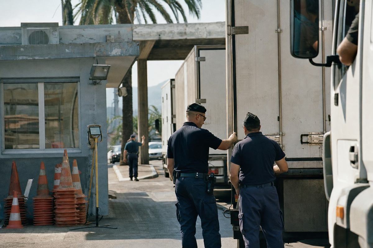 Early 1990s color photograph at the Vintimille frontier interface: a refrigerated truck queue snakes past a weathered inspection booth with chipped paint; two border officers of different builds examine a trailer seal while a third waves the next vehicle forward. Palm fronds stir above the concrete canopy; stacks of scuffed orange traffic cones and a portable floodlight stand nearby; heat shimmer over asphalt. Shot on Fujicolor Superia 400 with an 85mm lens; moderate grain, slight color shift toward green, high-contrast midday light, shallow depth isolating the officers and truck door. Asymmetric, candid frame with a partial view of a driver’s forearm on a window. No visible text, road signs, logos, license plates, or lettering anywhere in frame.