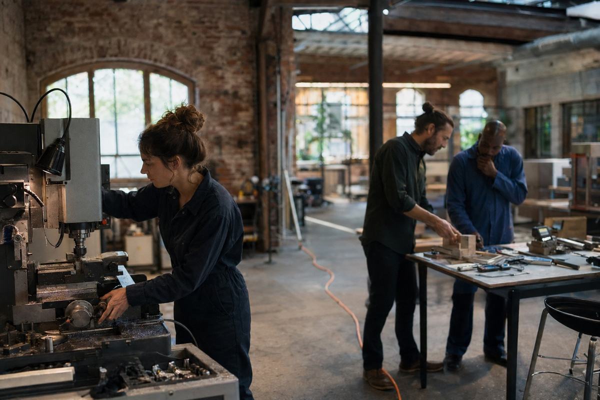 Contemporary digital press photograph inside a rehabilitated industrial workshop converted into an innovation hub in a French regional metropolis (exposed brick walls, skylights, concrete floor). Asymmetric composition: at left, a researcher in her thirties adjusts a compact CNC mill; at right, two engineers of different builds review a prototype on a workbench with scattered, unbranded tools. Mixed LED and daylight, high ISO noise in shadows, shallow DOF from a full-frame DSLR with a 35mm f/1.8 lens. Orange extension cords snake along the floor, dust on windowsills, whiteboards turned away so no text is visible; no logos or lettering on machines or clothing.