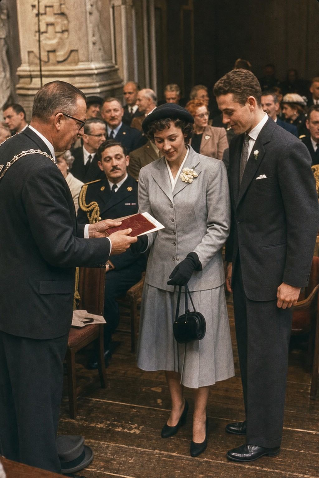 Color 35mm Kodachrome photograph, mid-1950s ceremony at London’s Guildhall; warm tungsten cast and saturated reds; a civil servant in a dark suit presents an early Union passport to a young Franco-British couple; candid angle from the aisle, distinct faces and imperfect posture; mixed uniforms and civilian hats in soft focus behind; Marianne and Britannia arms hinted on the cover, turned so no legible text; Nikon S2 with 50mm lens; slight motion blur in hands; scuffed wooden floor, worn stone pillars, paper programs on chairs; asymmetrical framing; no legible lettering anywhere.
