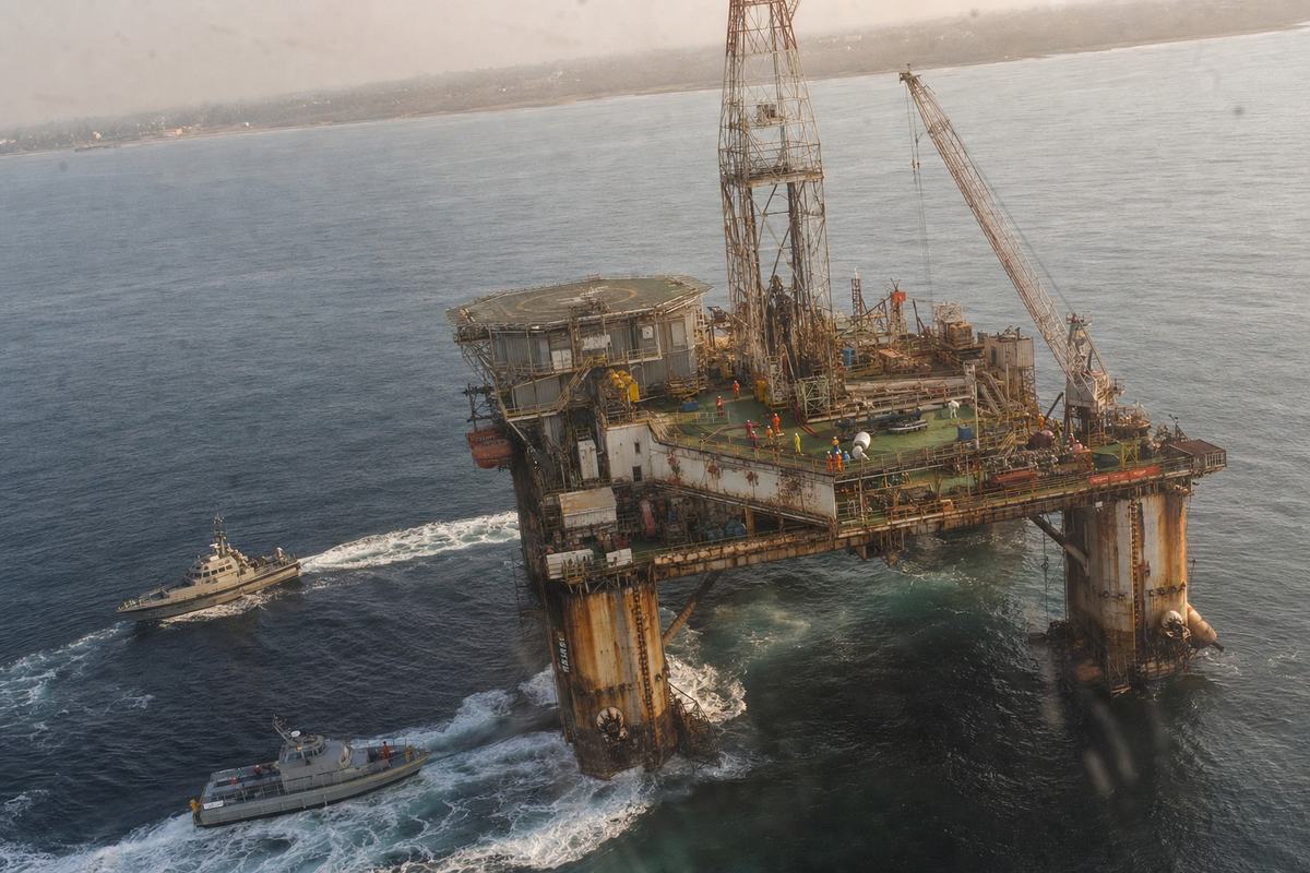 Digital aerial photograph, mid-2020s, over the joint development zone off the Bakassi peninsula; shot from an open-door helicopter at roughly 400 meters with a 35mm lens, oblique angle showing a weathered offshore platform with rust streaks and patchy paint, two patrol boats describing wake arcs below; hazy coastline in the background, late-afternoon sun with salt haze softening contrast; slight barrel distortion, high-ISO noise in shadows, faint mist spots on the lens; small distinct crew figures in colored coveralls visible on deck; documentary style, candid, maritime environment details (ripples, foam trails, equipment clutter).
