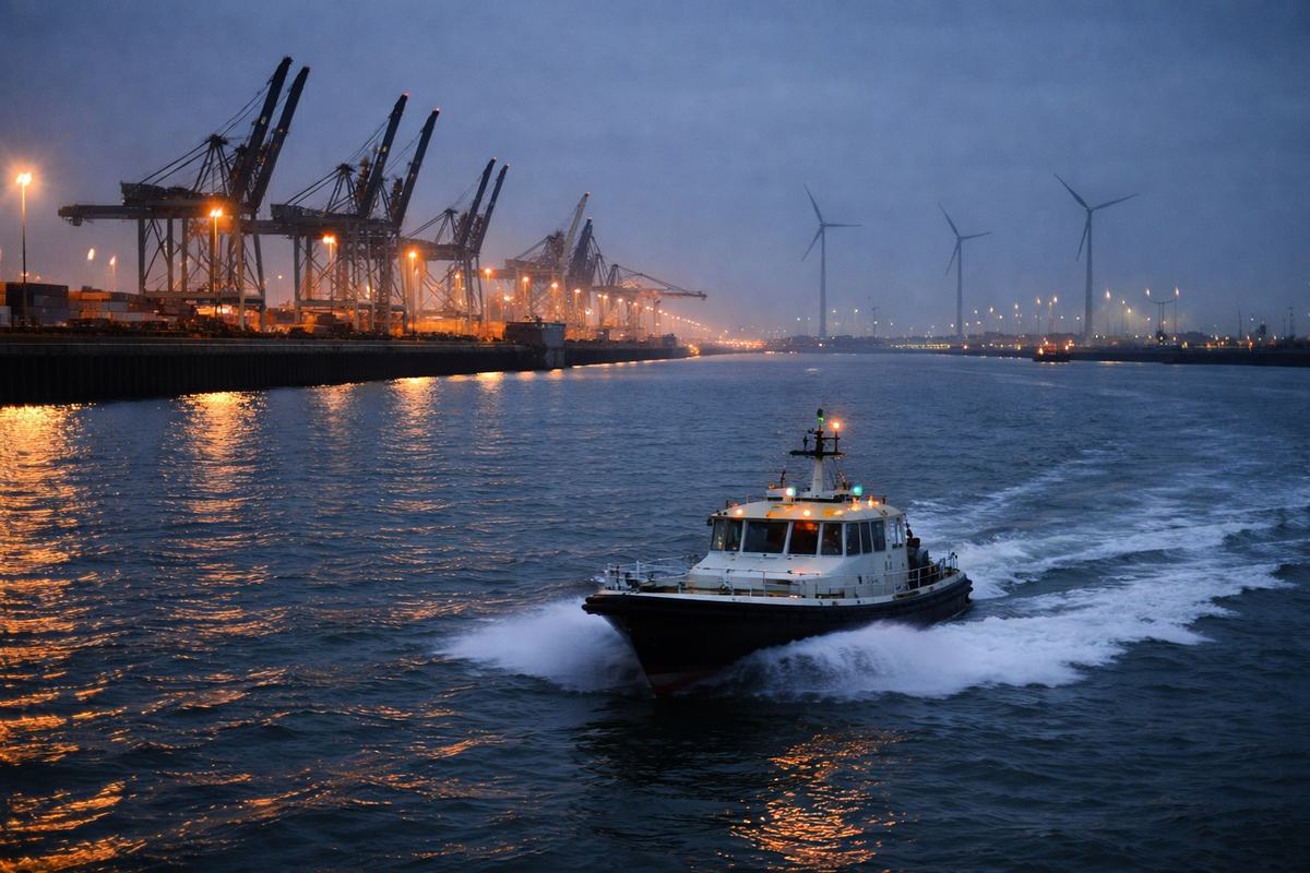 Dusk photograph of Antwerp docks with a pilot boat, container cranes, and wind turbines
