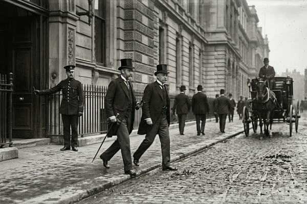 Lord Lansdowne and Paul Cambon exiting the Foreign Office after the 1904 signing