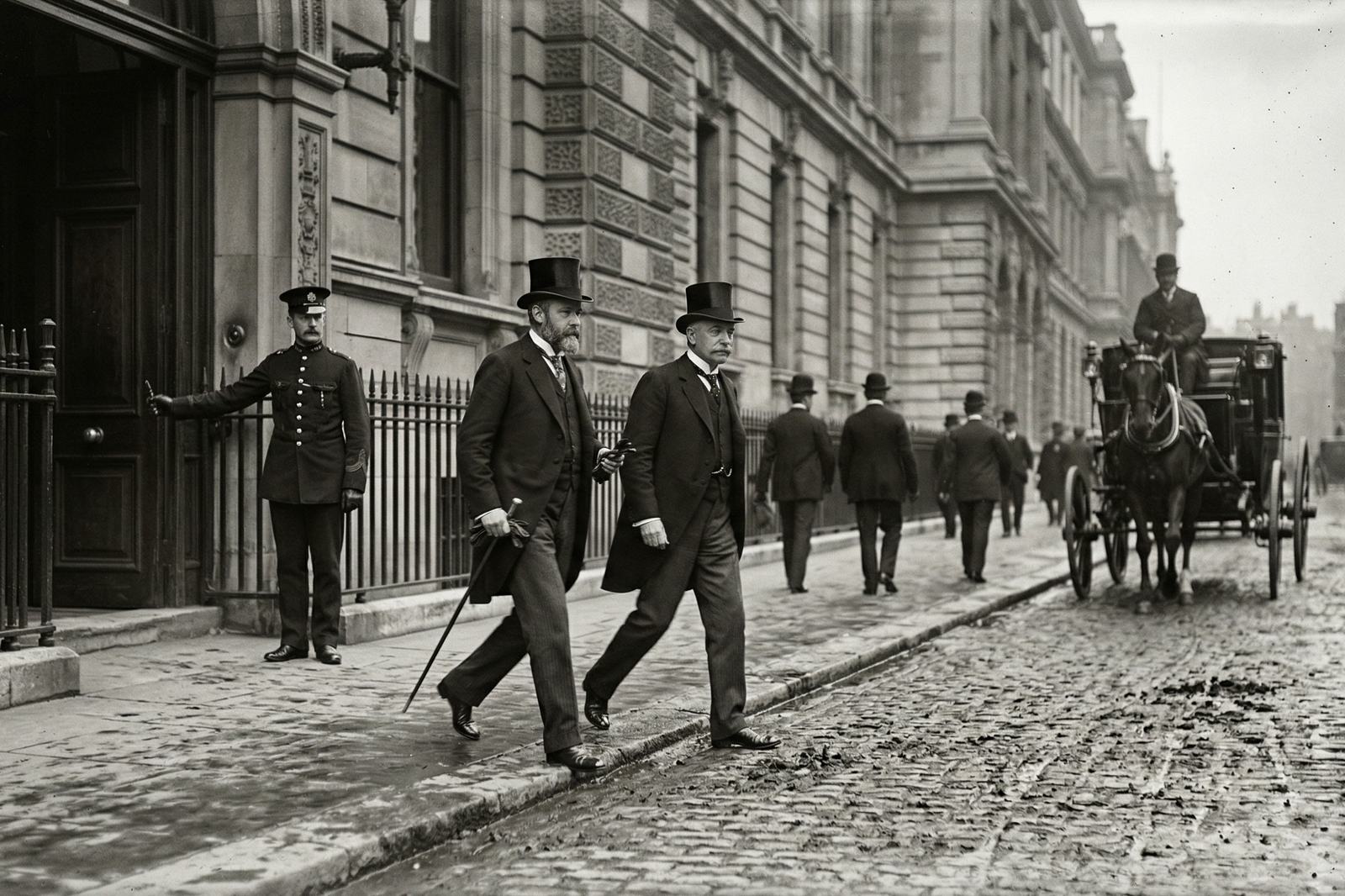Lord Lansdowne and Paul Cambon exiting the Foreign Office after the 1904 signing