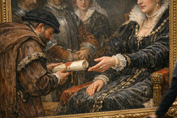 Museum photograph of a nineteenth-century oil painting showing Margaret of Parma receiving the Petition of Compromise
