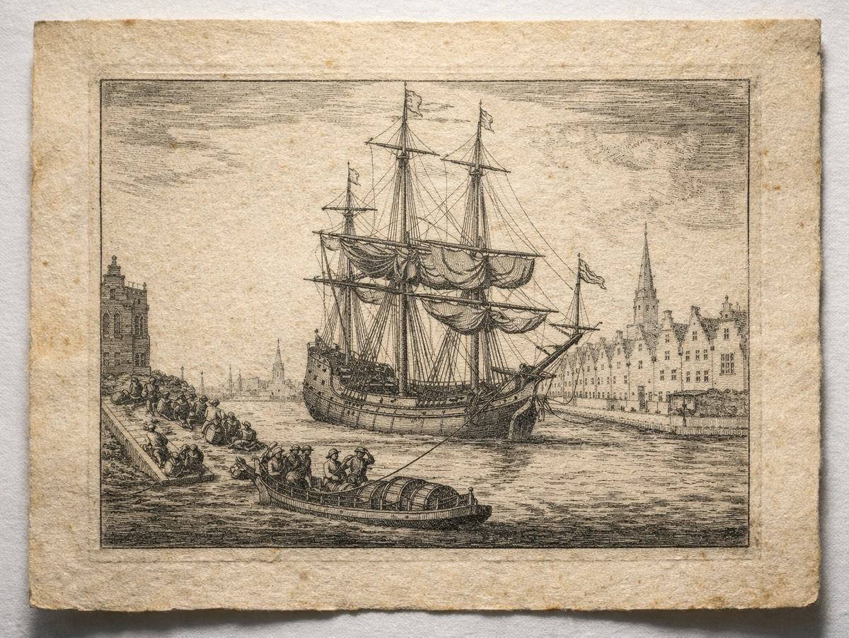 Seventeenth-century engraving of Antwerp harbor with a Commonwealth Indiaman under tow