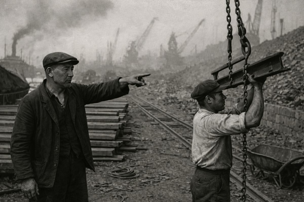 Historical photograph, 1923 silver gelatin print on fiber paper from a large-format bellows camera; Yokohama quay during reconstruction: a foreman in a flat cap points toward stacked timber while another worker, sleeves rolled, hoists a steel rail with a chain sling; composition angled from dock level with a 135mm lens, cranes and smoke haze in background, rubble piled along the seawall; high contrast with visible grain, dust spots, and slight reticulation in sky from heat and hurried processing; tarped hulls of moored ships partially obscured, no legible markings or text visible; scattered nails, rope coils, and a dented wheelbarrow at the frame edge; candid, distinct faces, clothing smudged with soot.