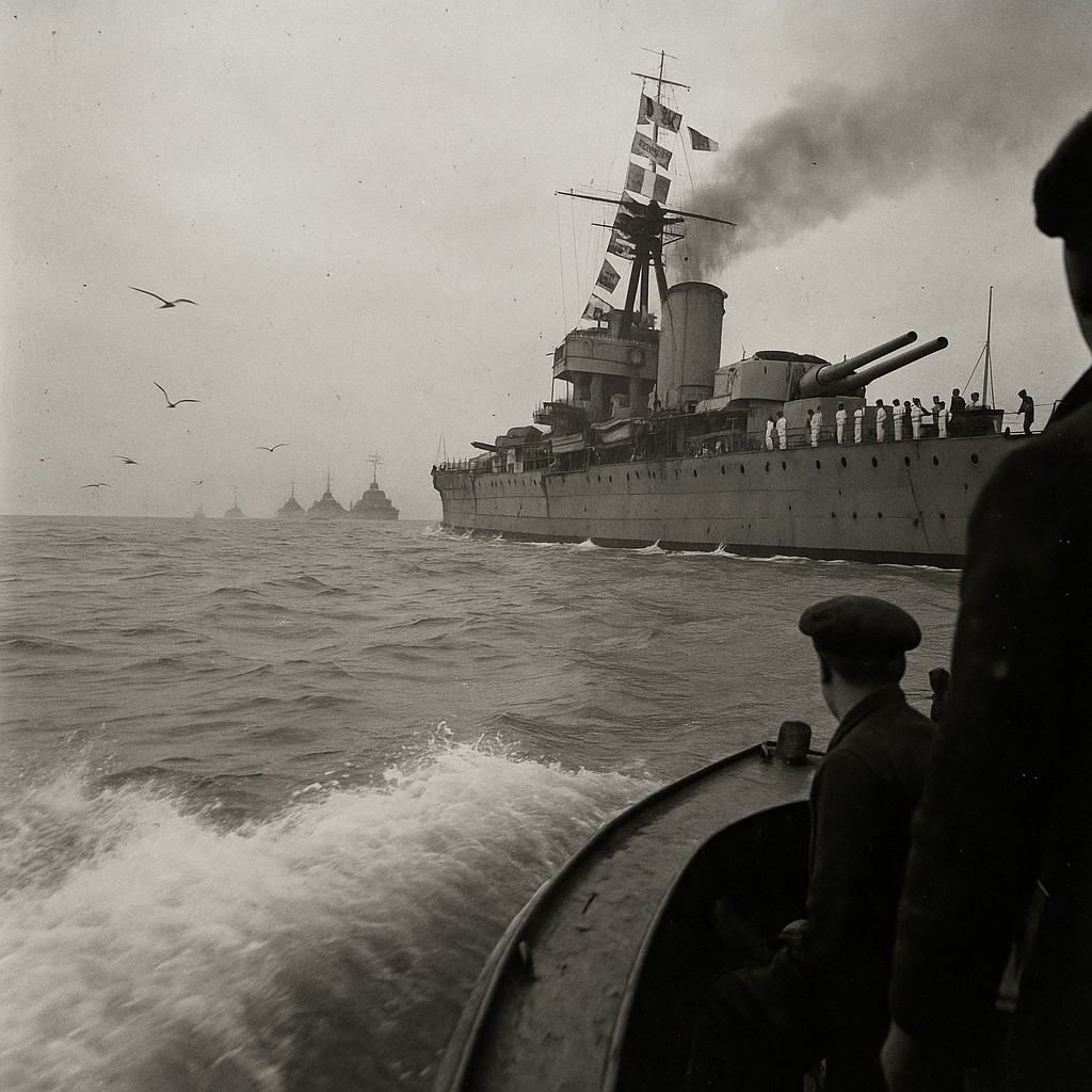 Black-and-white press photograph on silver-gelatin paper from a 120 roll-film negative (nitrate base), taken from a small launch at Spithead, summer 1938; wide-angle view (~28mm equivalent) with the launch’s bow wave cutting the lower left, a battleship to starboard steaming past with mixed Anglo–French signal flags and sailors scattered along the rail, smoke drifts from funnels; ranks of destroyers receding into sea haze, gulls skimming; high-contrast tonality with visible grain and slight horizon tilt; salt spray droplets near the lens, crew silhouettes of the photographer’s launch at frame edge; overcast sky, no visible markings or lettering.