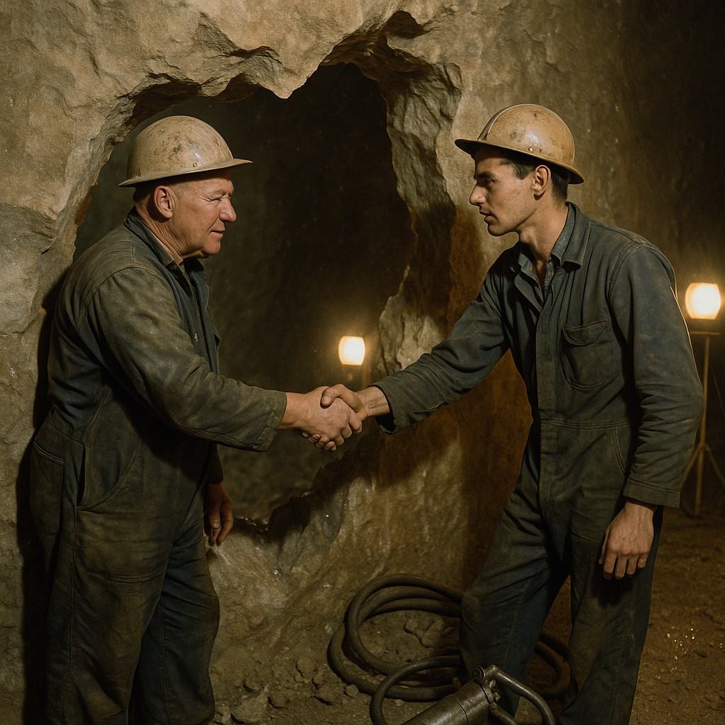 Color Kodachrome 35mm slide, late November 1953, underground breakthrough cavern of the Channel Fixed Link; two engineers in dusty hard hats and oil-marked overalls reaching to shake hands across a jagged opening, faces distinct—one older and stockier, the other younger and lean; tripod floodlights cast warm pools of light with crisp specular highlights on damp chalk, shadows fall deep along rough rock; a pneumatic drill and coiled hose on the gravel floor, water beads on the wall; 50mm lens at shoulder height, fine grain and saturated primaries characteristic of Kodachrome, slight exposure falloff toward corners; airborne dust motes caught in light; no visible signage or lettering.