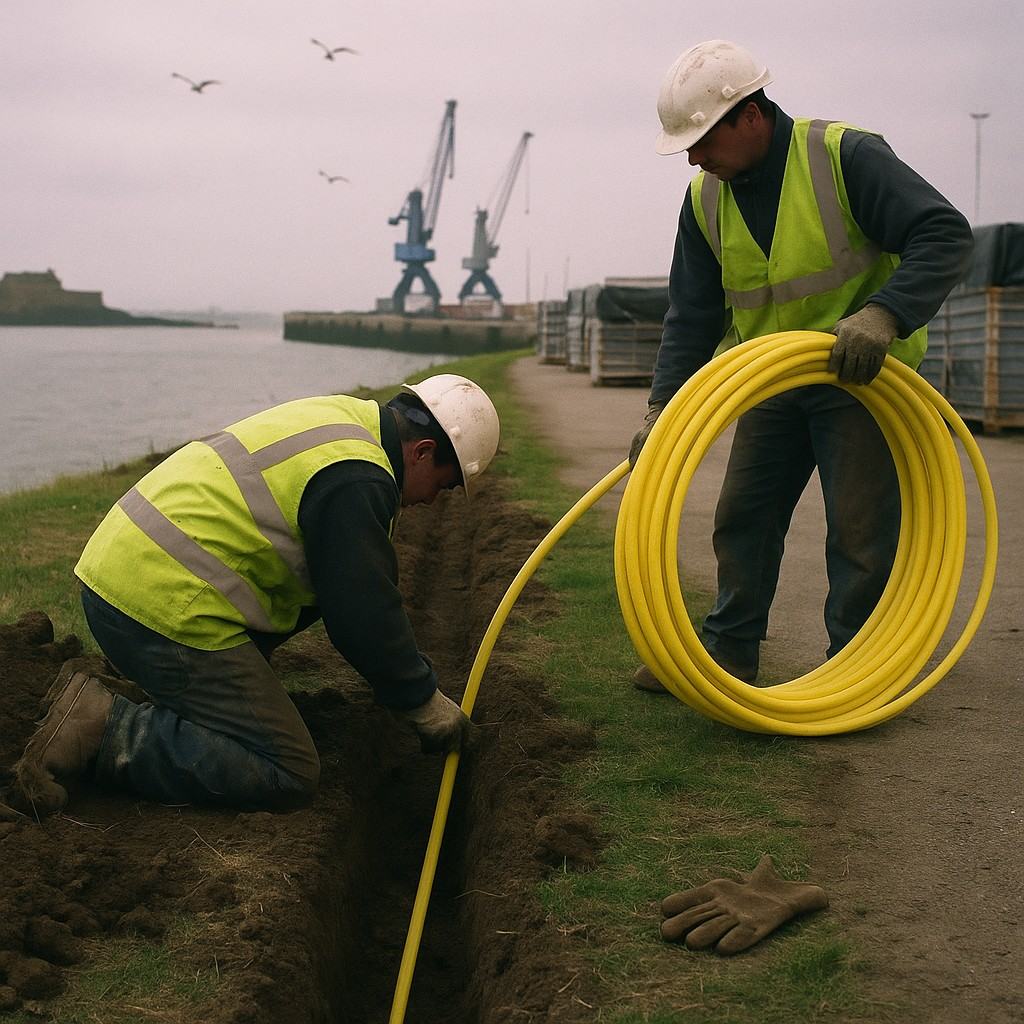 Digital press photograph, 2003, harbor-side verge near Saint-Malo showing installation work for the La Manche Digital Corridor; a technician kneels in a shallow trench feeding bright conduit for fiber optic cable while a second worker steadies a coil, both in unmarked high-visibility vests and scuffed helmets; overcast North Sea light with slight magenta bias from the camera sensor, high ISO noise in shadow areas; 28mm equivalent lens, asymmetric framing with coils dominating the lower right, harbor cranes and tarped pallets soft in the background, gulls overhead; mud on boots, frayed gloves on the ground; no visible lettering or logos.