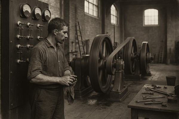 Archival photograph, 1890s powerhouse interior, silver gelatin contact print from an 8x10 gelatin dry plate negative; shot on a wooden view camera with a 12-inch lens from waist height. Asymmetric, candid composition: an operator in a sweat-darkened work shirt stands left foreground wiping his hands on a rag, half-turned toward a tall wooden switchboard with porcelain knobs and ammeters whose markings are out of focus; midground holds two belt-driven dynamos with large cast-iron flywheels, their leather belts slightly blurred from the long exposure; natural daylight spills from high clerestory windows, picking up coal dust on the plank floor, oil stains near the pedestal bearings, and a cluttered bench with wrenches and a tin of grease. Background reveals brick pilasters, a ladder, and a bucket near a floor drain. Slight emulsion scratches and edge frill visible; uneven exposure falloff at the corners; no legible text or numerals anywhere in frame.
