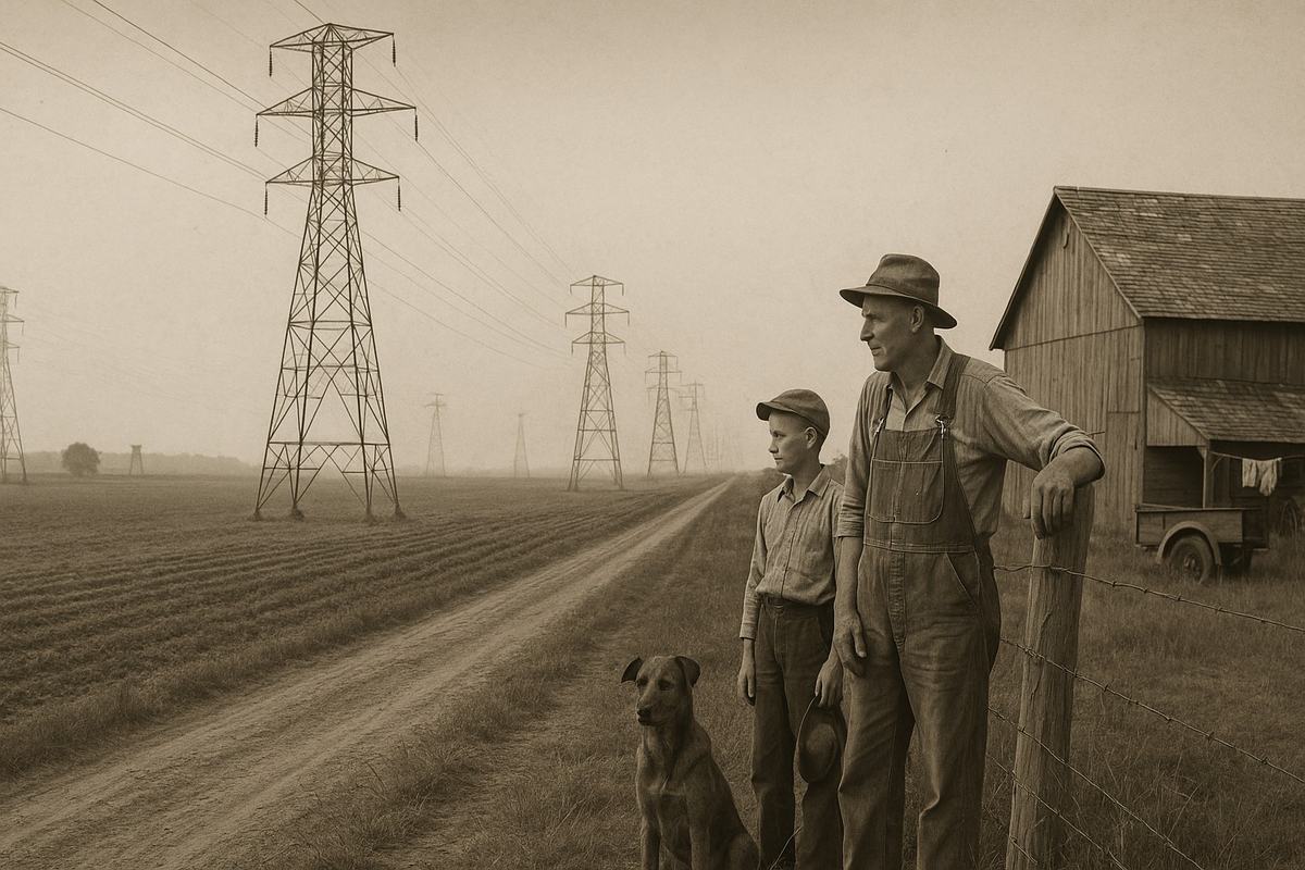 Archival panoramic photograph, mid-1930s rural America, silver gelatin print from a Cirkut panoramic rotating camera (approx. 8-inch drum); fine grain with slight horizon curvature and banding at the sky. Asymmetric composition from a low berm: a row of steel lattice transmission towers strides diagonally across plowed fields and a dirt lane; foreground right shows a farmer in worn overalls leaning on a barbed-wire fence, a slender boy beside him with a cap in hand, their dog sitting between them. Midground includes a wood-sided barn with patched shingles, a clothesline with indistinct shapes fluttering (no readable text), and a parked flatbed truck partially obscured by tall grass. Distant tree line and wind-pumped stock tank at left; dust haze softens far towers. No legible signage, numbers, or lettering anywhere.