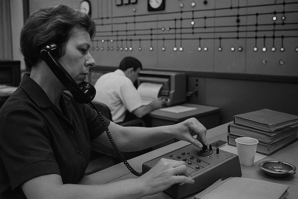 Interior press photograph, early 1960s dispatch center, black-and-white on Kodak Tri-X 400; handheld 35mm camera with a 35mm f/2 lens under fluorescent light. Grain pronounced, slight motion blur on hands. Asymmetric, candid framing over the shoulder of a standing operator mid-gesture with a telephone receiver tucked between shoulder and ear, left hand on a rotary control; another operator sits further back, studying a strip-chart recorder. A large wall-mounted mimic board fills the background with unlabeled lines and indicator lamps; analog meters are present but any numerals or text are out of focus or occluded. Desks show period details: a dented metal ashtray with a smoldering cigarette, a paper coffee cup with a lipstick smudge, cloth-bound operating manuals stacked with edges frayed. No legible text anywhere in frame.