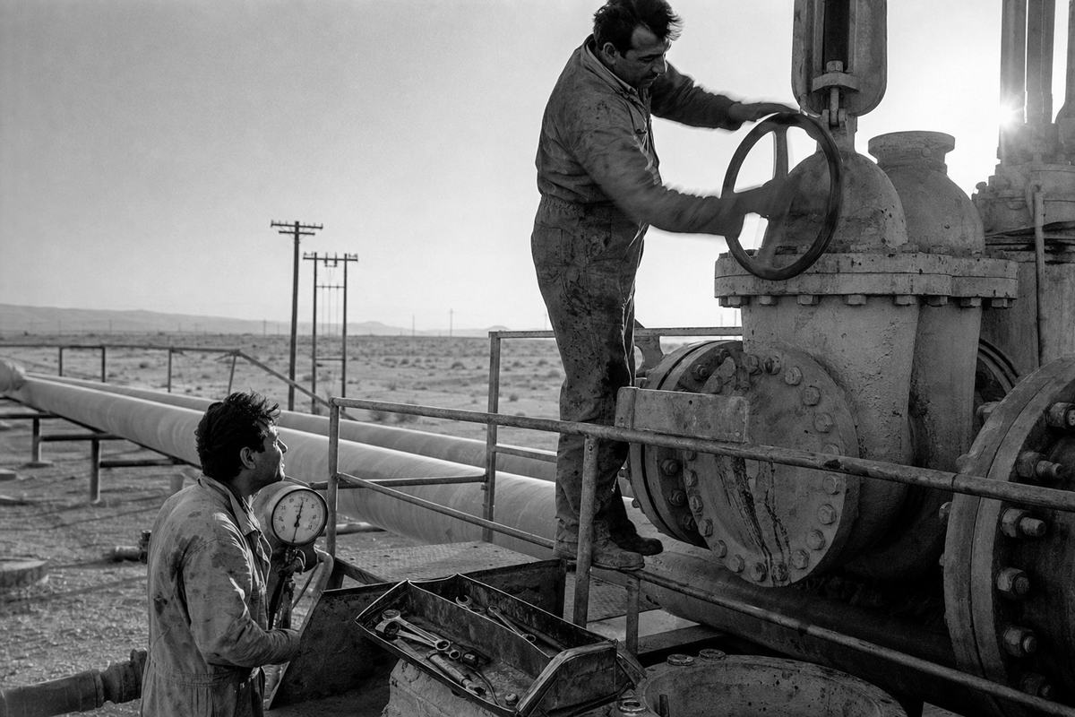Mid-century black-and-white press photograph, circa 1958, shot on Kodak Tri-X 35mm film with a Leica M3 and 50mm lens; pronounced grain in skies, crisp mid-contrast. Asymmetric composition at a Kirkuk–Haifa pipeline pumping station: a technician in oil-stained coveralls stands on a narrow catwalk turning a large valve wheel, while another worker below checks a pressure gauge; desert pylons and a heat-shimmered horizon stretch diagonally behind. Grease marks on metal casings, wind-blown dust around concrete footings, a dented toolbox with wrenches partly open. Slight motion blur on the upper hand; sun flare at frame edge.