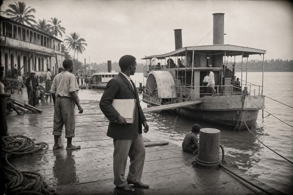 Photograph, late-19th-century gelatin silver print from a dry-plate glass negative, showing the International Commission’s headquarters at Boma on the Congo River; wooden quay in the foreground with two side-wheel river steamers moored at a slight angle; humid, slightly overcast tropical light with soft highlights; documentary, off-center composition from the left quay, 180mm Rapid Rectilinear lens on a wooden field camera; gentle edge vignetting, faint emulsion scratches, and slight motion blur on figures; one dominant subject: an African clerk balancing a ledger on his forearm while glancing toward a steamer’s gangplank as a barefoot porter with rolled trousers waits behind him; incidental background: coiled hemp rope, damp planks with puddles, a boy crouching near a bollard, palms beyond the low stucco facade; river surface mid-gray with small ripples; no visible text or lettering anywhere.