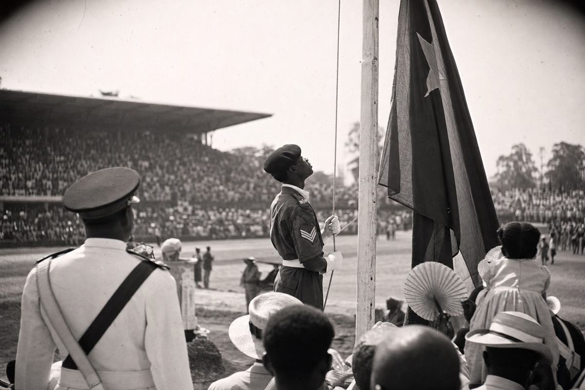 Flag-raising by a mixed honor guard during the 1946 Commonwealth proclamation in Léopoldville Stadium