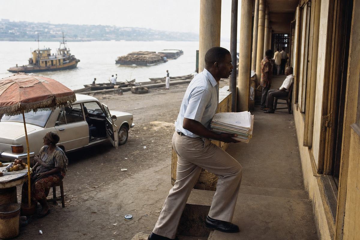Congo Basin Authority offices in Kinshasa with a clerk on the balcony and river traffic below, 1985