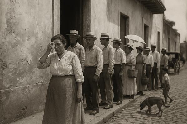 Archival silver-gelatin photograph (1905) of a San Juan polling place on plebiscite day; candid, street-level angle from a few feet off the curb; 8x10 glass plate negative with orthochromatic emulsion, subtle halation around highlights, slight edge vignetting; taken with a 150mm uncoated lens on a wooden field camera; dominant subject: a middle-aged woman in a light blouse and long skirt dabbing her forehead with a handkerchief as she inches forward in the queue toward a shadowed doorway; distinct faces and builds in line (men in straw boaters and linen suits, women with parasols and woven baskets), natural posture and varied ages; stucco facade with flaking limewash, heavy wooden double doors ajar; cobblestones, a stray dog sniffing near a gutter, and a horse-drawn cart half-visible in the far background; tropical midday light casting hard, short shadows; slight motion blur on a boy shifting his weight; no visible signage or lettering anywhere in frame.