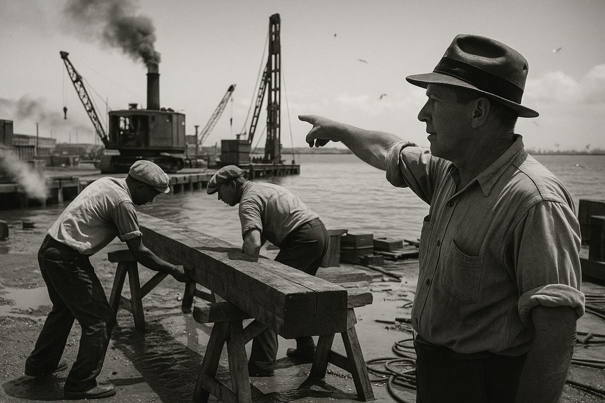Archival silver-gelatin photograph (1936) of WPA crews expanding a pier at San Juan harbor; 4x5 Speed Graphic on tripod, panchromatic negative, fiber-based baryta print with moderate grain and crisp midtones; asymmetrical composition with a foreman in a sweat-darkened brimmed hat pointing toward a pile driver while two workers with distinct builds heave a timber onto sawhorses; puddled concrete, rebar offcuts, and coiled rope in foreground; steam crane at left belching, gulls over water, distant warehouses and cranes softened by heat haze; harsh midday sun with deep shadows under caps; wind-blurred shirt sleeves; no legible text on machinery, crates, or structures.