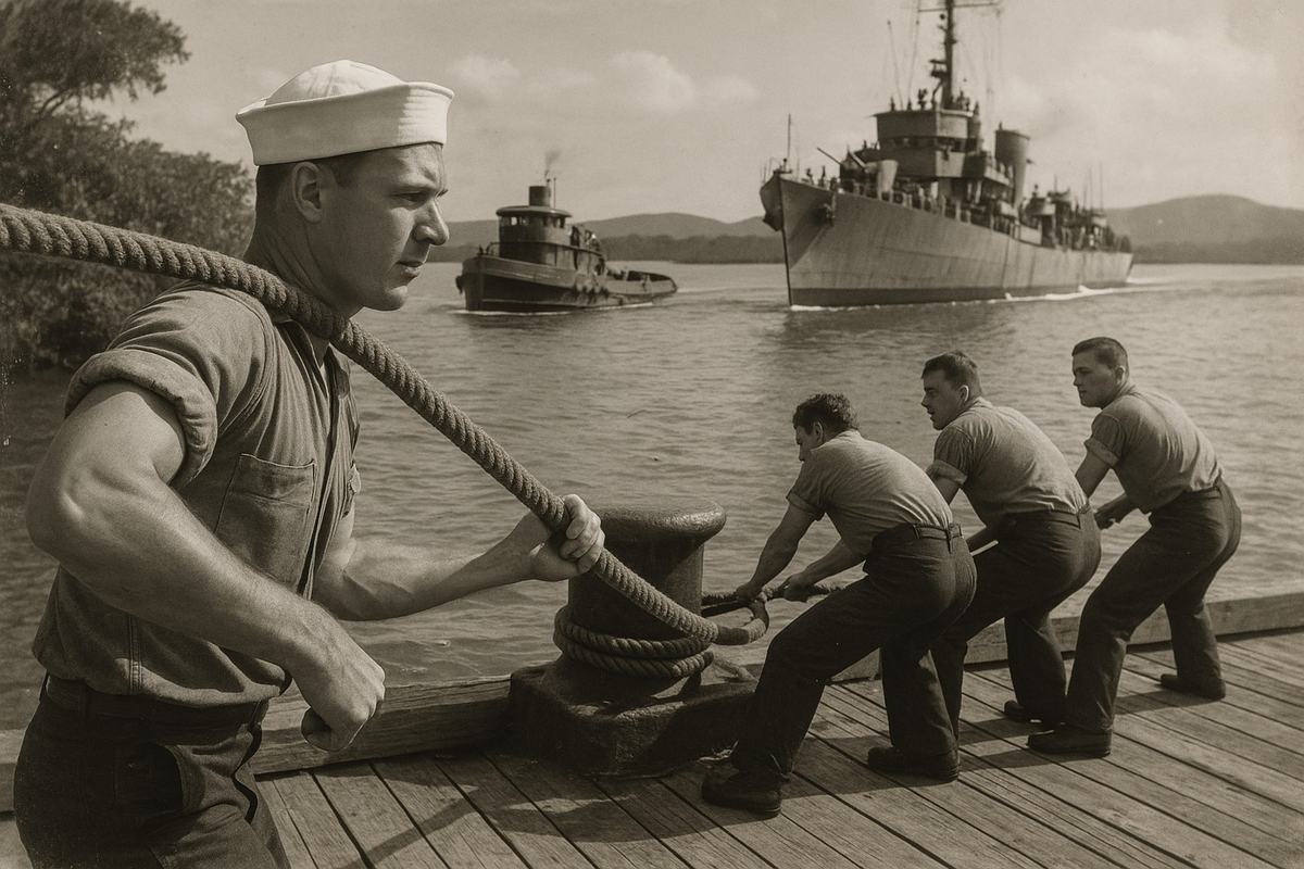 Archival silver-gelatin photograph (1943) taken on the waterfront at Roosevelt Roads Naval Station; medium-height vantage from a pier corner with a Rolleiflex Automat (75mm), fine-grain negative, deep blacks and luminous highlights; dominant subject: a sailor bracing a thick mooring line across his shoulder as a harbor tug eases a destroyer escort toward the berth; three crewmen with distinct faces and builds strain at the bollard, one glancing over his shoulder; spray flecks on the lens edge, mangroves and low hills beyond; late-afternoon sun raking across steel and water; all ship names, hull numbers, and markings cropped or angled away—no lettering visible.