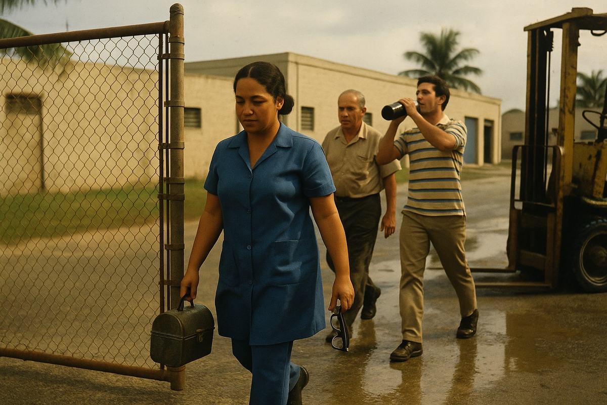 Color reportage photograph (1976) of a shift change at a light-manufacturing park outside San Juan; Kodachrome 64 with warm, saturated palette and fine grain; 50mm lens at chest height, slight motion blur on footsteps; dominant subject: a woman in a blue smock carrying a dented lunch pail and safety glasses, stepping past a chain-link gate with rust freckles; distinct coworkers behind her—one older man in oil-stained slacks, another younger worker in a striped polo lifting a thermos; forklift idling at frame edge, low concrete factory blocks and palms in hazy humidity; sun slanting off puddles; no legible signage on buildings, uniforms, or equipment.