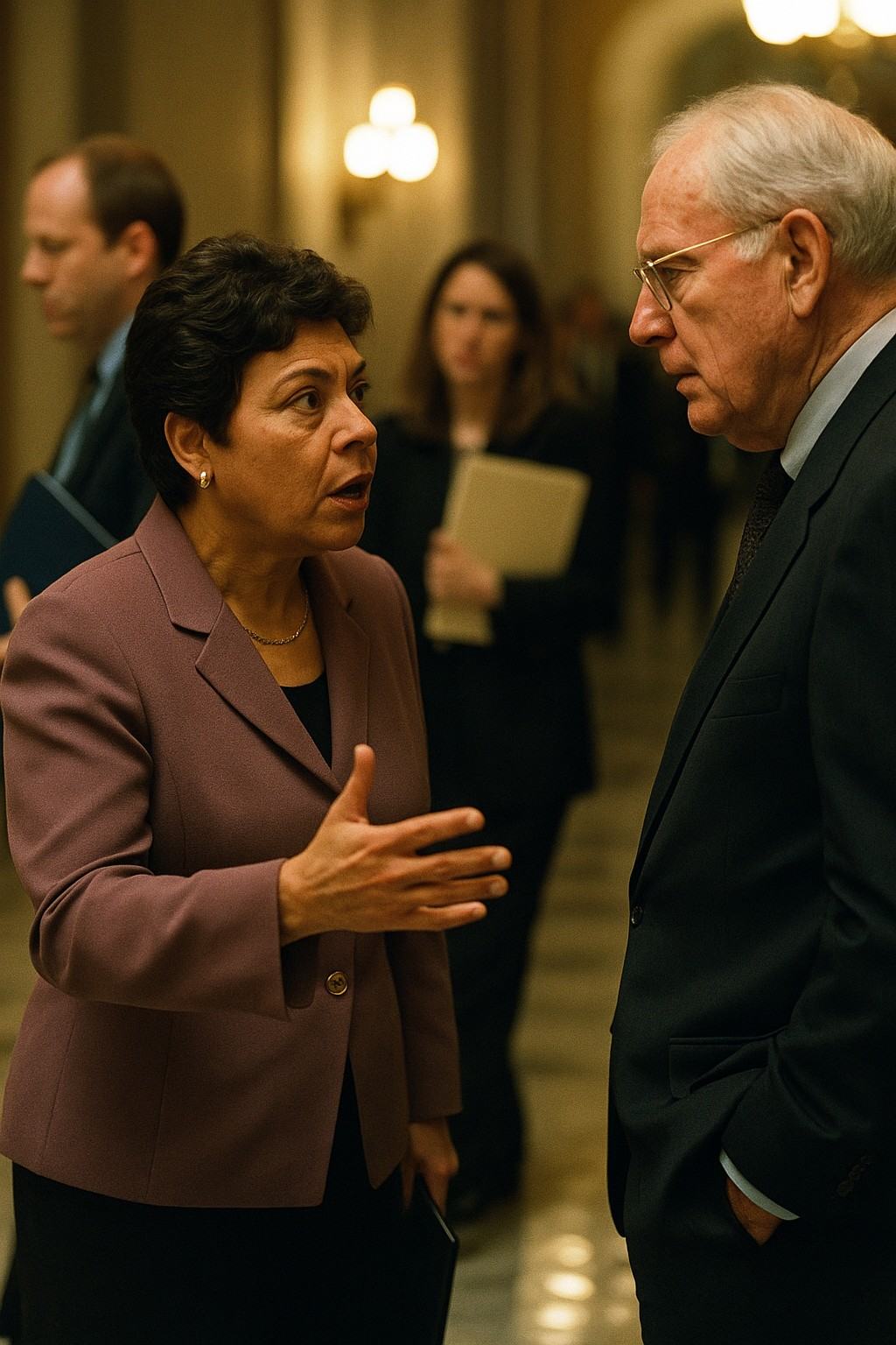 Color reportage photograph (1999) in a U.S. Capitol corridor during a recess in a joint session; Fujicolor 800 pushed one stop, available light with slight green cast corrected in print; 85mm lens, shallow depth of field; dominant subject: Senator María I. Rivera mid-gesture speaking with a senior appropriator, both in profile, distinct features and builds; aides at the edge of frame clutching closed folders turned away from camera; polished marble floor reflections, brass sconces glowing, blurred cluster of reporters in background; tight framing avoids wall plaques and door nameplates—no visible text anywhere.
