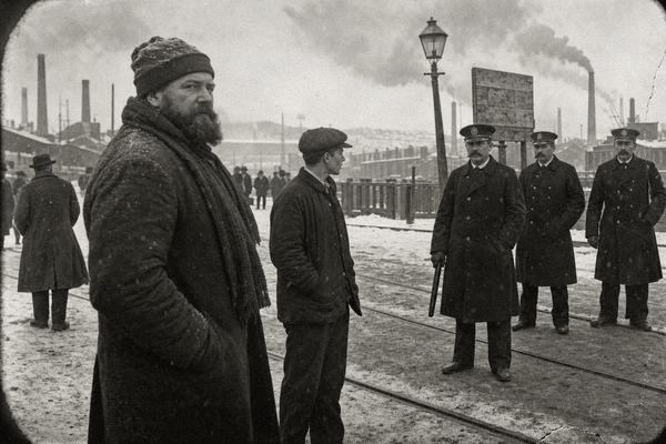 Archival black-and-white gelatin silver photograph from winter 1901–1902 at the Homestead Works main gate, captured on an 8x10 view camera with a 180mm lens from waist height; orthochromatic emulsion rendering dark skies and pale faces; dry-plate negative contact printed on fiber paper with slight edge vignetting and a light scratch at lower right. Asymmetric, candid composition: a stout bearded picket in a wool coat and scarf stands three-quarters to camera at left foreground, jaw set, while a thin younger man in a flat cap looks past him toward a line of three uniformed police with moustaches; one officer grips a baton loosely at his thigh. Snow is trodden and soot-speckled; faint breath vapor and a trace of motion blur in falling flakes; trolley tracks cut diagonally across frame; a leaning lamppost and a weathered signboard with no legible lettering sit in the middle distance; mill stacks throw smoke across an overcast sky; no modern elements; no legible text or watermarks.