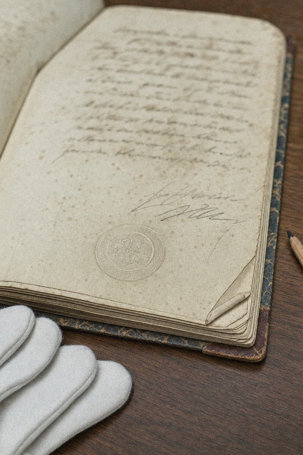 Close view of a 1903 joint shop council minute book, embossed seal and signatures in shallow focus on a worn ledger.