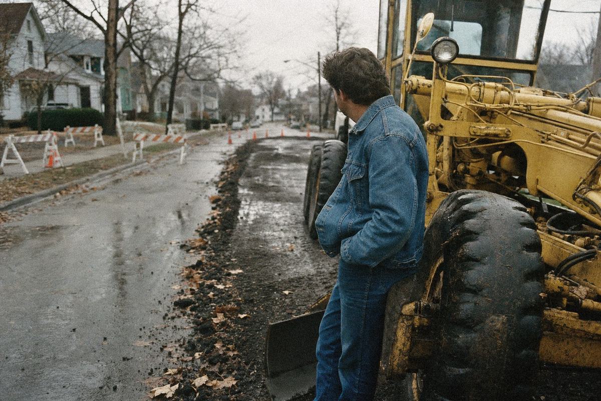 An idle grader sits beside a milled strip on Farmington Road under low clouds, barricades and cones still in place.
