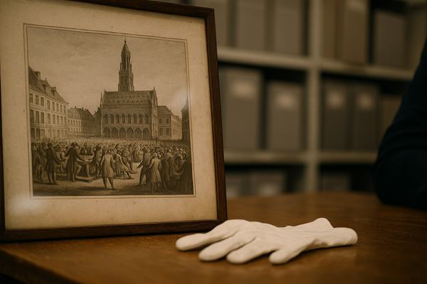 Digital press photograph (2019) taken inside a French departmental archives reading room, showing a framed late-18th-century copperplate engraving of Arras City Hall with a provincial electoral assembly scene. Shot on a full-frame DSLR with a 50mm lens at f/2, shallow depth of field and faint high-ISO noise. Asymmetrical composition: the engraving is off to the left, glass catching a soft, diffuse reflection; the plate margin with any title is cropped out so no lettering is visible. Foreground includes the edge of a worn wooden table with a pair of white cotton gloves; in the background, slightly blurred gray archival boxes on shelving and a researcher’s sleeve just entering frame. Soft archival lighting, slight lens vignette, no visible labels or text anywhere.