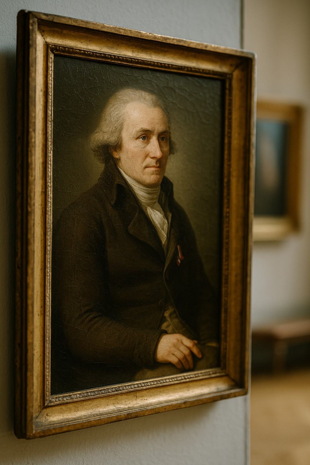 Color photograph (2019) of an oil-on-canvas French Neoclassical portrait circa 1790, depicting a moderate deputy from Artois seated three-quarter view in a dark coat with a discreet tricolor ribbon. Shot in a museum gallery with raking natural window light; visible craquelure in the paint and slight discoloration at the varnish, gilded frame with small nicks and rubbed corners. Captured with an 85mm lens at f/2.8, off-axis to avoid glare, shallow depth of field so the far frame edge and gallery bench at lower right blur gently. No wall labels or plaques in frame, no text visible. Brushwork and canvas weave are sharply rendered near the sitter’s collar.