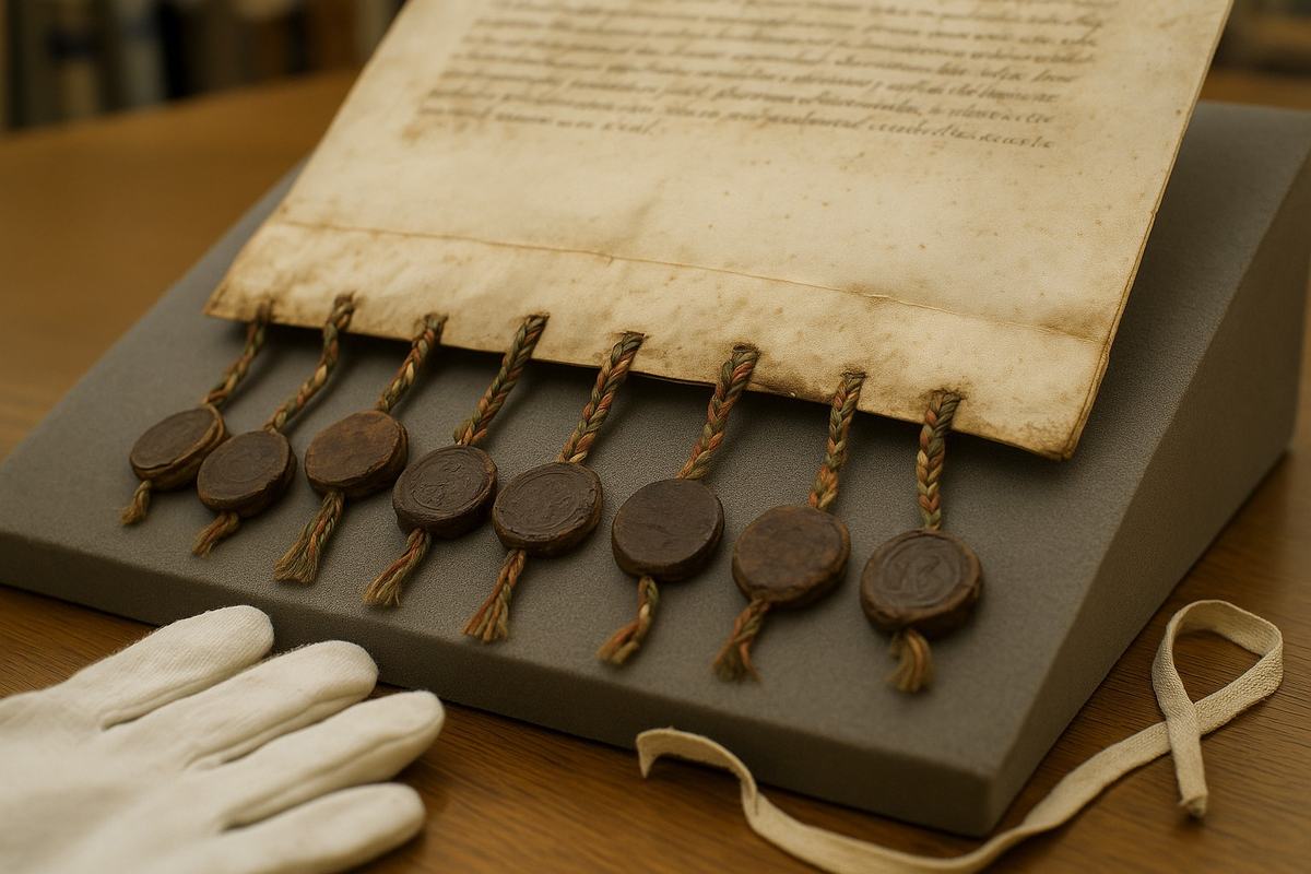 Object study photograph (2019) of the sealed parchment of a late-18th-century constitutional charter, focusing on the lower edge with braided silk ribbons and multiple wax seals. Shot on a full-frame DSLR with a 50mm macro lens at f/4 from a slight oblique angle on a gray archival foam cradle; overhead soft light reveals parchment cockling, edge wear, and light foxing. The main text area is cropped out or left softly out of focus so no lettering is legible. Foreground includes a pair of white cotton gloves and a frayed twill tie; background shows the blurred edge of a wooden table and a distant shelving bay. No labels, no text visible anywhere.
