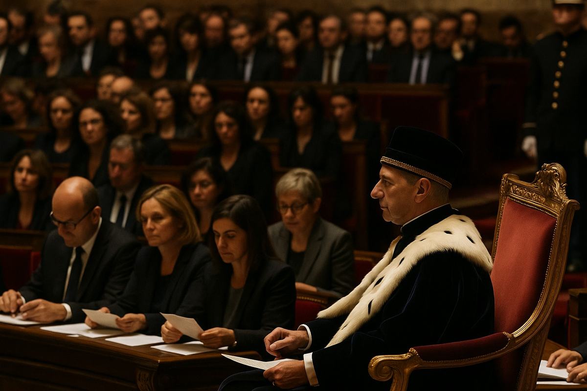 Digital press photograph (2018) from the press gallery inside the Palais-Bourbon during a joint solemn session of the Crown and the Chambers. Off-axis telephoto view (135mm on full-frame, f/2.8) toward the dais: the monarch is seen in profile, seated, while ministers and deputies—men and women of varied ages and builds with distinct faces and natural skin texture—listen and turn pages. High-ISO grain and slight motion blur in hands; warm tungsten cast on red velvet and gilded woodwork. Asymmetrical framing avoids the central axis; no screens or banners, and no legible nameplates or text visible. Background shows crowded benches and a uniformed usher at the margin, half out of frame.