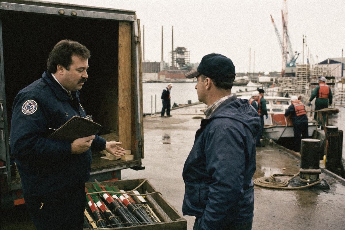 At State Pier, a customs officer checks a shell trailer while a crew loads a safety launch in the background under overcast skies.