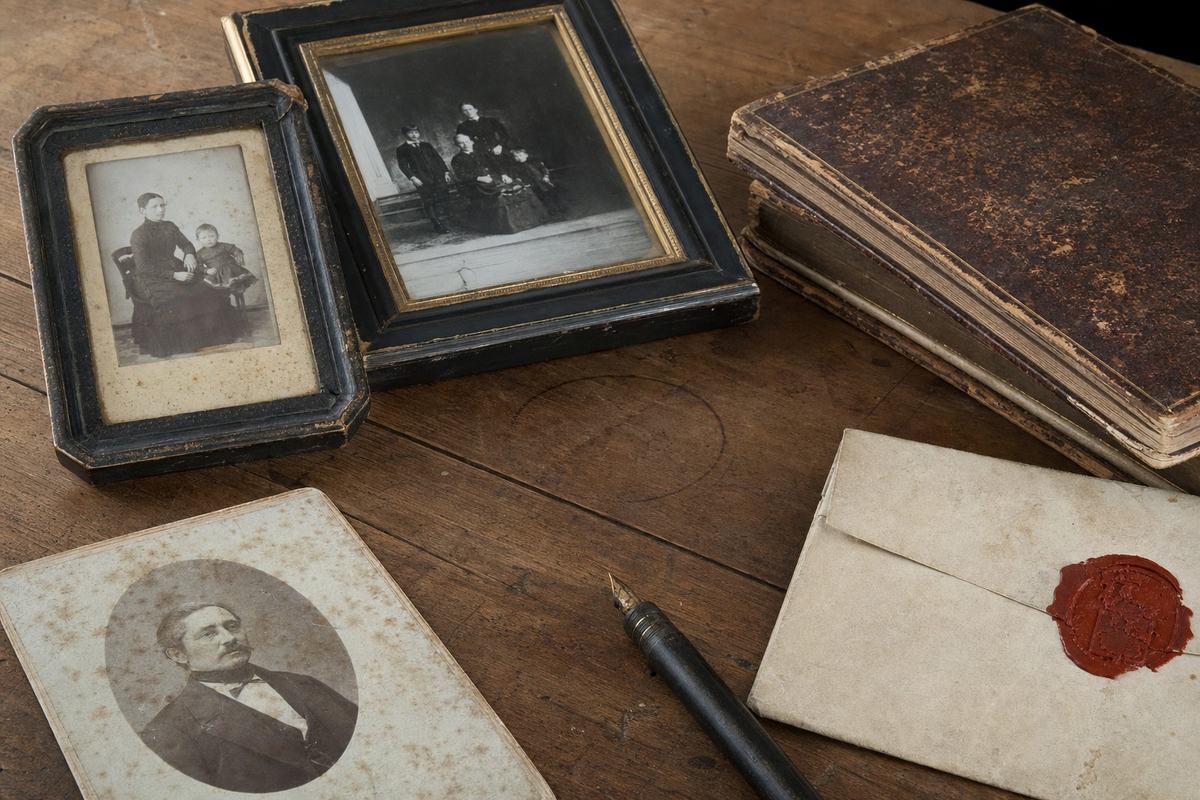 Anciens portraits de famille et livres de comptes posés sur une table de ferme, à côté d’une enveloppe notariale scellée.