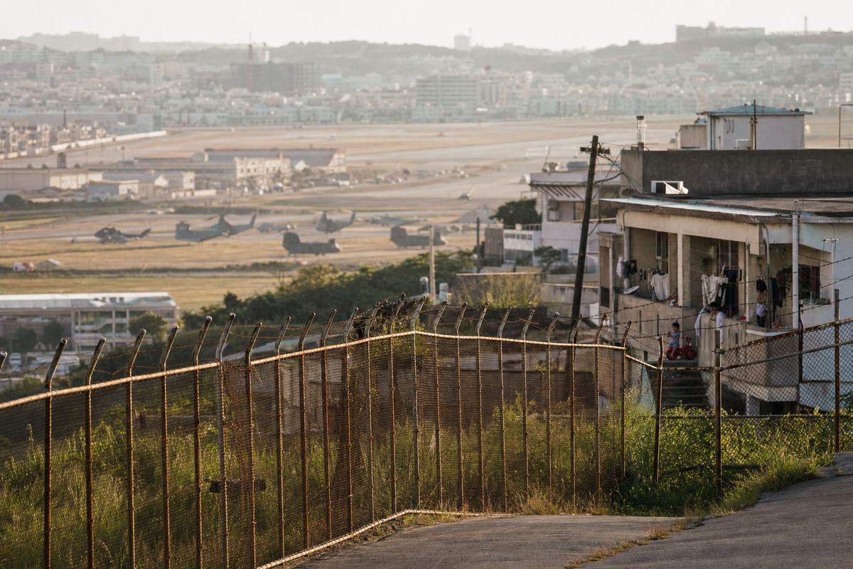 Contemporary digital press photograph from a hillside vantage showing the perimeter of Kadena Air Base abutting dense urban neighborhoods; captured with a full-frame DSLR (Canon 5D Mark IV) using a 70–200mm lens at approximately 135mm; slight heat haze and atmospheric compression, mild high-ISO shadow noise; dominant subject is a rusted chain-link fence with barbed wire catching late-afternoon light, apartment balconies with laundry and scooters just beyond; runway and parked aircraft shapes in soft focus in the midground; no readable text, tail numbers, or signage; incidental details include patched asphalt, a tilted utility pole, and a child’s red tricycle on a balcony; asymmetric, candid framing with fence cutting diagonally across the frame