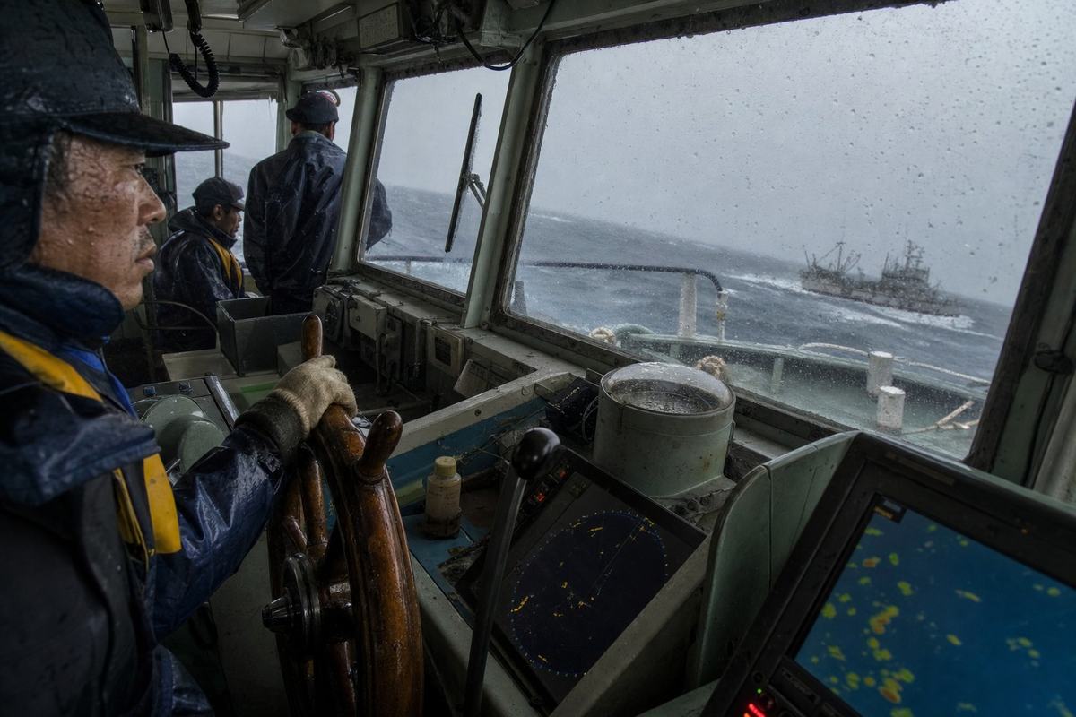 On-deck digital press photograph aboard a Ryukyu Maritime Safety Agency cutter near the Senkaku (Diaoyu) Islands during choppy seas; captured with a 28mm lens at shutter speed fast enough to freeze spray; dominant subject is the helmsman’s gloved hand on the wheel, profile visible with salt spray on visor; radar/AIS screens glow in the dim bridge without any legible text or numerals; through the rain-specked window a distant trawler silhouette crosses the bow; deck hardware is weathered, paint scuffed; crew in mismatched foul-weather gear, faces distinct and focused; asymmetric framing with the wheel and the helmsman’s arm anchoring the left third; no hull numbers, flags, or readable markings