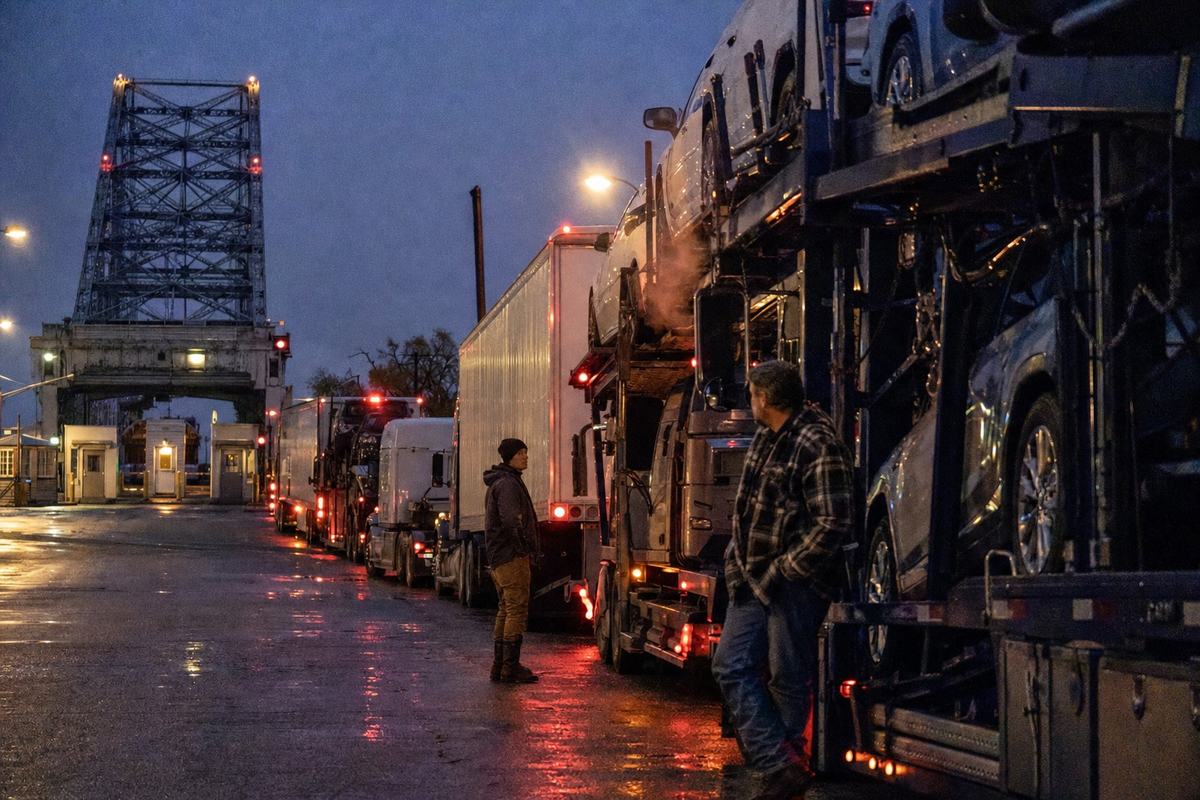 Auto-carriers and reefer trucks idle in a long line at the old bascule bridge customs booths at dusk, brake lights glowing.