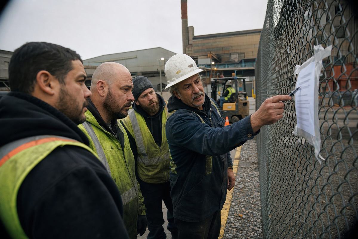 Workers in high-vis jackets study a taped notice at the St. Marshall Works gate while a union steward gestures during shift change.