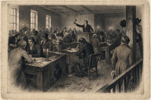 Early 19th-century copperplate engraving on laid paper of the United States Federal Exchange (USFE) trading hall in Philadelphia; Philadelphia workshop/school style, viewed obliquely from a balcony corner toward a central auctioneer’s dais; the auctioneer raises a wooden gavel mid-gesture while brokers of varied ages lean over scuffed wooden desks, quills and loose slips scattered; candlelit windows and soot-darkened beams at the edges; hats hung on pegs, a spittoon near a chair, muddy boot prints on plank flooring; fine cross-hatching with slight ink spread, soft plate mark visible around the image, faint foxing and deckled paper edges; asymmetrical composition with the auctioneer as the dominant action; no signage or lettering in the scene.